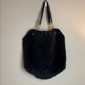 Melie Bianco Black and Gold Faux Fur Hobo Bag